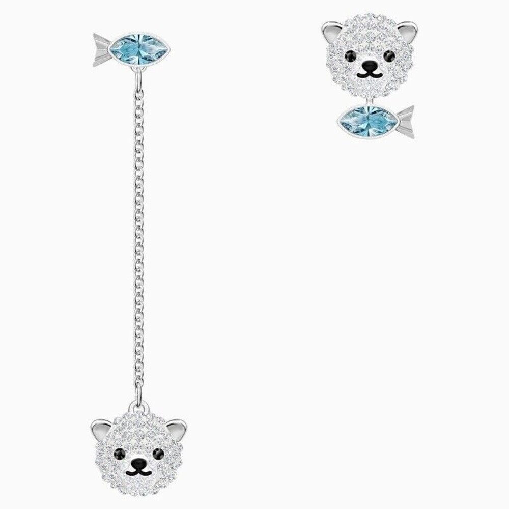 Swarovski 5488192 Cute Polar Bear Fish Pierced Earrings Blue Clear Crystal $195